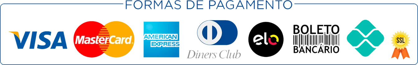 Formas de pagamento: Visa, Mastercard, American Express, Diners Club, Elo, boleto e Pix